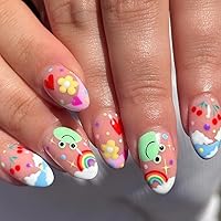 Almond Fake Nails Cute Press on Nails with Rainbow Flower Cloud Frog Cherry Design French Tip Nails Summer Glue on Nails Medium Length Acrylic Nails Cartoon False Nails with Glue for Women Girls 24Pcs