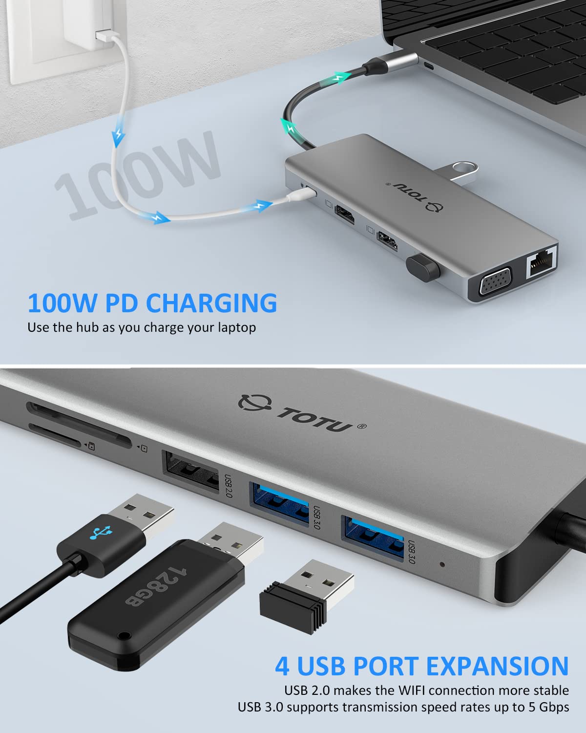 USB C Hub, TOTU 13-in-1 Type C Hub with Ethernet, 4K USB C to 2 HDMI, VGA, 2 USB 3.0, 2 USB 2.0, 100W PD, SD/TF Cards Reader, Mic/Audio Docking Station for MacBook Pro Air XPS and Other USB-C Laptops