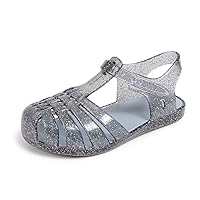 Sawimlgy Toddler Girls Jelly Sandals Summer Beach Closed Toe Crystal Princess Dress Flat Little Kid T-strap Rubber Sole Shoe