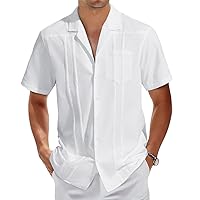 Men's Casual Summer Short Sleeve Cuban Guayabera Shirts Button Down Linen Shirts for Men Cotton Beach Tops with Pocket