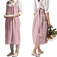 NEWGEM Cotton Linen Cross Back Apron for Women with Pockets Cute Japanese Korean Style Pinafore Dress Pink