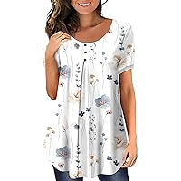 Short Sleeve Shirts for Women,Womens Casual Floral Print Crewneck Ruched Tops for Leggings Loose Button Yp Tunic Tops