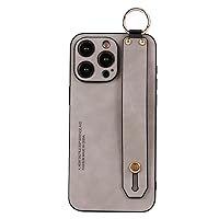 Leather Case for iPhone 15 Pro Max/15 Pro/15 Plus/15, Lens Protection Cover with Wrist Strap Kickstand Designed PC Shockproof Case,Grey,15 Pro Max