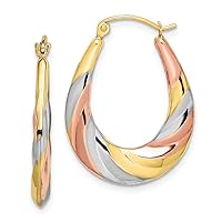 10k Yellow Gold with Rhodium-Plating Oval Scalloped Hollow Hoop Earrings