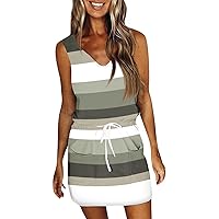 Womens Beach Dresses Sundresses for Women 2024 Striped Print Casual Fashion Slim Fit with Waistband Short Sleeve V Neck Summer Dress Army Green XX-Large