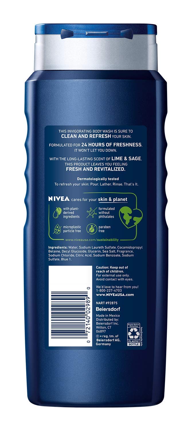 Nivea Men Vitality Body Wash, Lime and Sage Scented Body Wash, 3 Pack of 16.9 Fl Oz Bottles