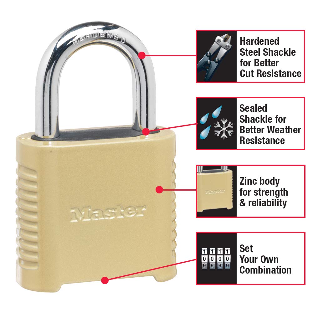 Master Lock 875D Heavy Duty Outdoor Combination Lock, 2 in. Wide, Brass Finish