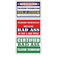 (x3) Certified Bad Ass Telecom Technician with an Attitude Stickers | Funny Occupation Job Career Gift Idea | 3M Vinyl Sticker Decals for laptops, Hard Hats, Windows