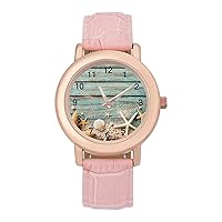 Seashell Starfish on Wooden Womens Watch Round Printed Dial Pink Leather Band Fashion Wrist Watches