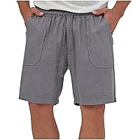 Mens Summer Cotton Linen Shorts Casual Lightweight Elastic Waist Boardshorts Front Pockets Plain Chino Pants Beachwear