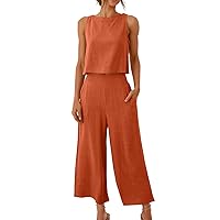 Women's 2 Piece Outfits Lounge Sets Casual Sleeveless Square Neck Linen Tank Crop Top with Wide Leg Pants Sets