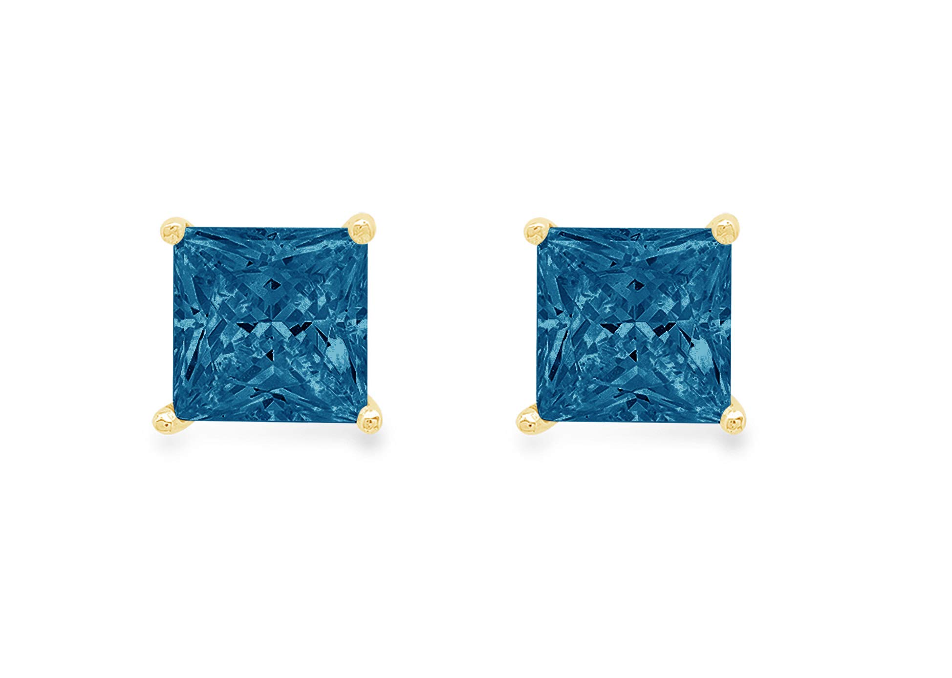 1.1ct Brilliant Princess Cut Solitaire unique Fine Earrings Natural Royal Blue Topaz Gemstone Anniversary Birthstone Stud Earrings Solid 14k Yellow Gold Butterfly Push Back