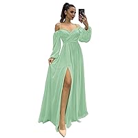 Women's Chiffon A-line Off Shoulder Bridesmaid Dresses with High Split Sweetheart Spaghetti Straps Evening Dress