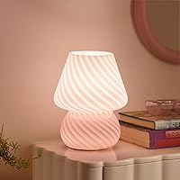 Mushroom Lamp-Small Bedside Table Lamp with Striped Glass, Nightstand Lamp for Bedroom, Living Room, Cafe, Bulb Included, Gift for Girls Women Birthday Christmas Thanksgiving Day, Pink