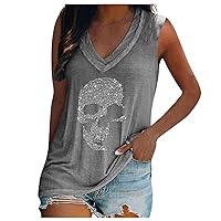 Fronage Womens Rhinestone Skull Tank Tops Long Short Sleeve Summer V Neck Sleeveless Shirts