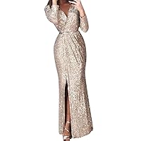 Women's Sexy Sequin Long Sleeve V Neck Long Nightclub Style Slim Sling Dress with Slit Party Ware Gowns for Women