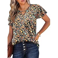 HOTOUCH Womens Summer Tops Ruffle Short Sleeve Shirts Casual Loose Key Hole Pleated Tunic Blouses