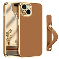 GUAGUA for iPhone 15 Case 6.1 Inch with Wrist Strap Holder Slim Soft Electroplated TPU iPhone 15 Phone Case Shockproof Protective Adjustable Wristband Kickstand Case for iPhone 15, Coffee Brown