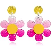 Pink Earrings Acrylic Petal Flowers Drop Earrings Lightweight Colorful Dangle Fun Earrings Bohemia Sunflower Floral Statement Earrings for Women Girls Charms Jewelry