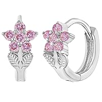 Rhodium Plated Pink Cubic Zirconia Pretty Flower Hoop Earrings for Girls and Teens 8mm - Shiny & Shimmering Flower Jewelry for Young Girls - Stylish and Stunning Hoop Earrings for Girls
