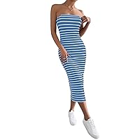 Floerns Women's Striped Strapless Textured Rib Tube Top Dress Split Thigh Bodycon Midi Dresses