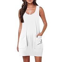 Womens Spaghetti Strap Dress Beach Dress for Women 2024 Solid Color Classic Simple Loose Casual with Sleeveless Round Neck Pockets Dresses White Large