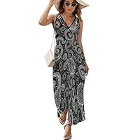 Black and White Paisley Pattern Women's V Neck Maxi Dress Sleeveless Summer Long Tank Dress High Waist Ankle Length Sundress
