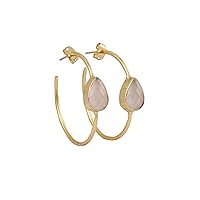 White Moonstone Gemstone Earrings | Hook Stud Earrrings | Brass With Gold Plated Earrings | Pear Shape Earrings., Stone Size - 8X11 Mm, Gemstone & Brass, White Moonstone
