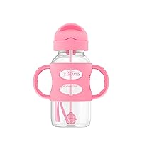 Dr. Brown's Milestones Wide-Neck Sippy Straw Bottle with 100% Silicone Handles and Weighted Straw, 9 oz/270 mL, Pink, 6m+