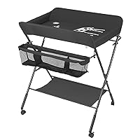 Baby Diaper Table, Foldable Changing Table with Wheels, Portable Adjustable Height Mobile Nursery Organizer with Safety Belt and Large Storage Racks for Newborn (Black-31.5x26x38.5inch)