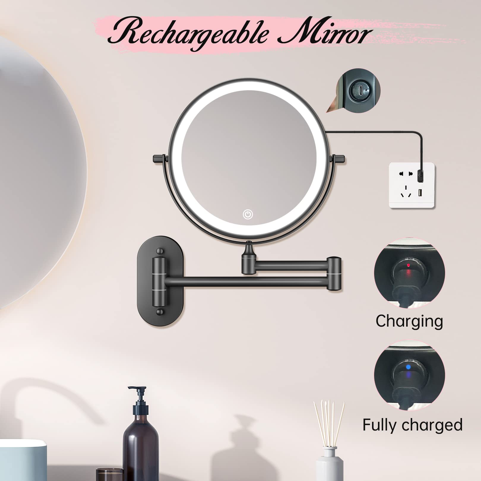 FASCINATE Rechargeable Wall Mounted Lighted Vanity Mirror 8 Inch 1X/10X Magnifying Makeup Mirror with 3 Color Lights, Double Sided Dimmable, 360 Degree Screen Touch,Bathroom Shaving Mirror (Black)