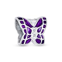 Garden Insect Springtime Butterfly Simulated Amethyst CZ Charm Vintage Style Barrel Bead Oxidized .925 Sterling Silver For European Bracelet
