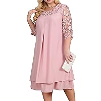 Women Floral Lace Dress 3/4 Sleeve Chiffon Wedding Guest Midi Dress A Line Swing Mother of The Bride Dress
