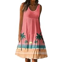 Tropical Dresses for Women Summer Sleeveless Round Neck Tree Graphic Pleated Colorful Sun Dress for Beach Vacation