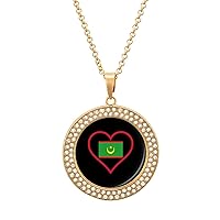 I Love Mauritania Red Heart Round Diamond Necklace Fashion Pendant Jewelry Gift for Men Women