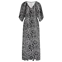 Womens Summer Dresses V Neck Short Sleeved Loose Bohemian Side Split Long Dress Retro Print Dress(Grey,XX-Large)