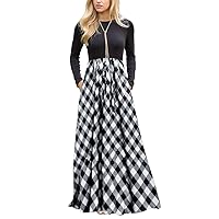 MEROKEETY Women's Long Sleeve Plaid Empire Waist Full Length Maxi Dress with Pockets