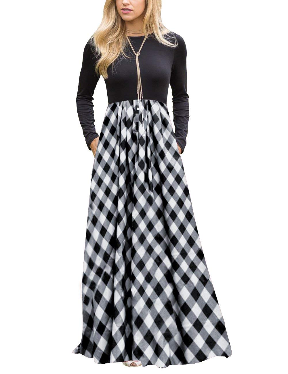 MEROKEETY Women's Long Sleeve Plaid Empire Waist Full Length Maxi Dress with Pockets