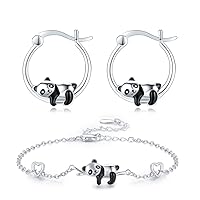 Panda Earrings/Bracelet 925 Sterling Silver Panda Jewelry Gift Hypoallergenic Earrings for Women Girls Panda Lover