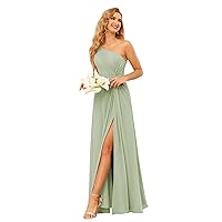 SYYS Womens A Line Chiffon Long Bridesmaid Dresses Sage Green One Shoulder Simple Sleeveless Empire Waist Formal Party Evening Dress with Slit 4