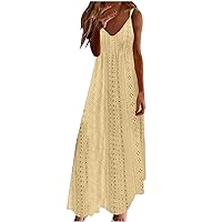 Women's Summer Eyelet Maxi Dress 2024 Sleeveless Spaghetti Strap V Neck Boho Dress Casual Flowy A-Line Beach Dresses