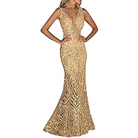 Cocktail Dress for Women V-Neck Sparkly Glitter Formal Dresses for Wedding Guest Homecoming Evening Long Dress