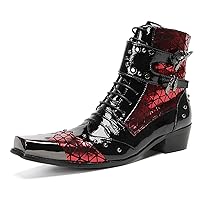 Men's Genuine Leather Metal-Square Toe Zip Bottes Derby Fashion Casual Double Buckle Dress Party Ballroom Cowboy Mid Toe Boots