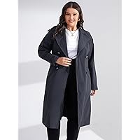 Women for Jackets - Plus Lapel Neck Double Breasted Belted Trench Coat (Color : Navy Blue, Size : XX-Large)