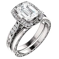Antique Scroll Halo Bridal Set, Emerald Cut 4.00CT, Colorless Moissanite Ring Set, 925 Sterling Silver, Engagement Ring, Wedding Ring Set, Antique 1920s Inspired Handmade Ring Set