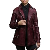 Womens Genuine Leather Biker Jacket Coat (Burgundy, XXL)