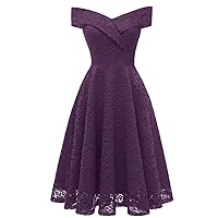 Womens Casual Off Shoulder Cocktail Dresses Short Sleeve Lace Party Swing Dress