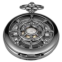 Black and Silver Mechanical Pocket Watch Roman Numeral Dial Men's Mechanical Pocket Watch Strap Chain + Box