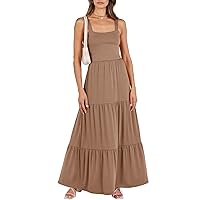 ANRABESS Women's Summer Casual Long Maxi Beach Vacation Dresses Sleeveless Square Neck Flowy Tiered Sun Dress with Pockets