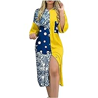 Women's Dress Star Print Beach Swing Round Neck Trendy Short Sleeve Midi Flowy Casual Summer Side Split Color Block